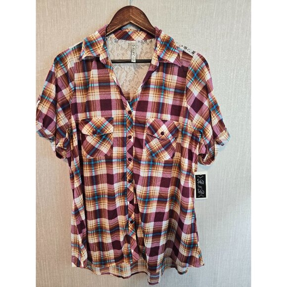Womens Plus Size Plaid Button-Up Shirt Lace Back Size 2X Pockets - Picture 1 of 15